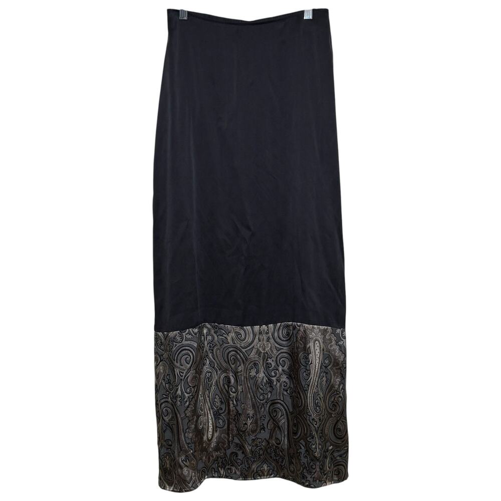 Citron Santa Monica 100% Silk Black Maxi Skirt Color Block Hem Paisley